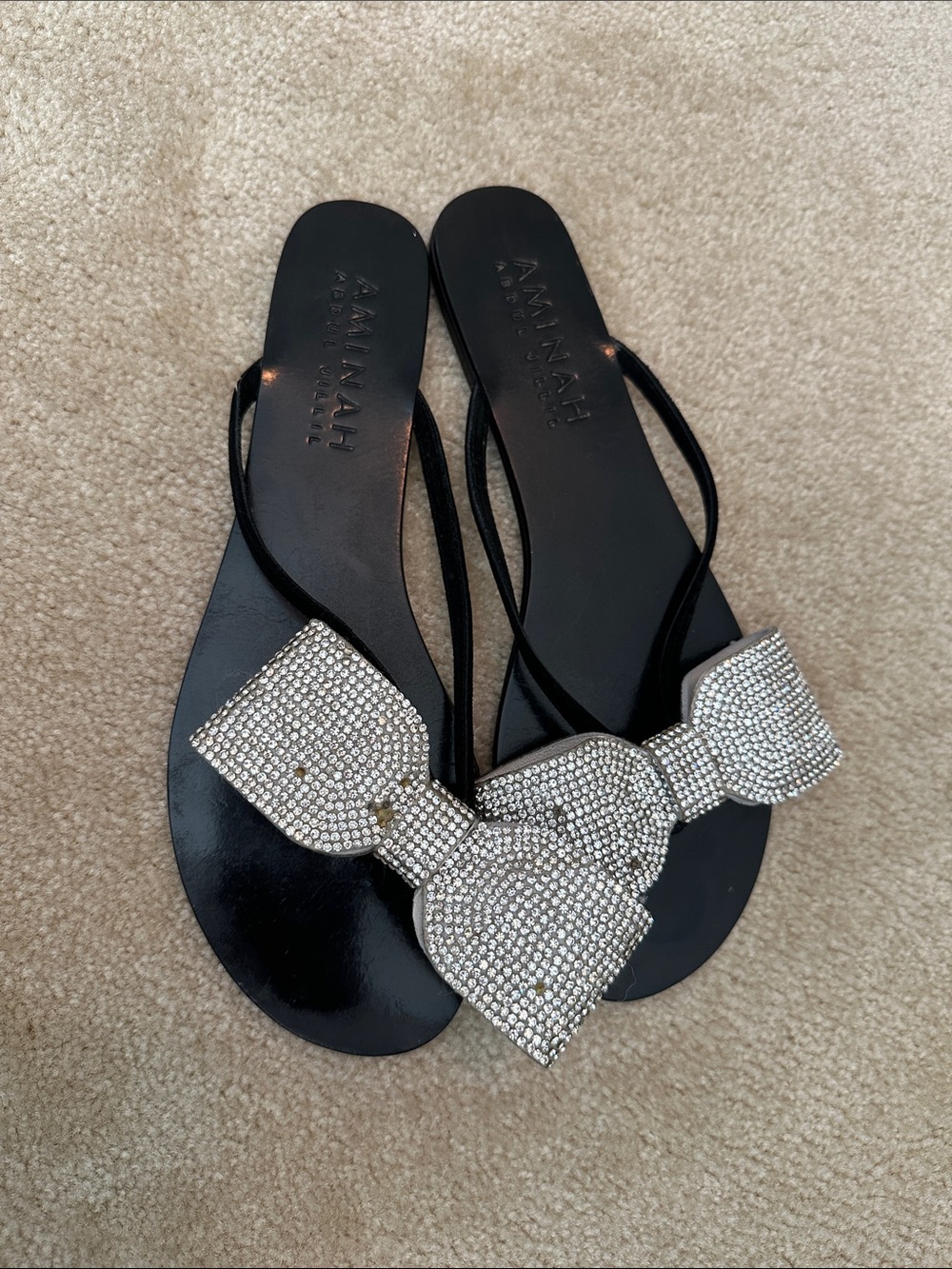 Aminah Flip Flop Sandals with Crystal Bow - Black